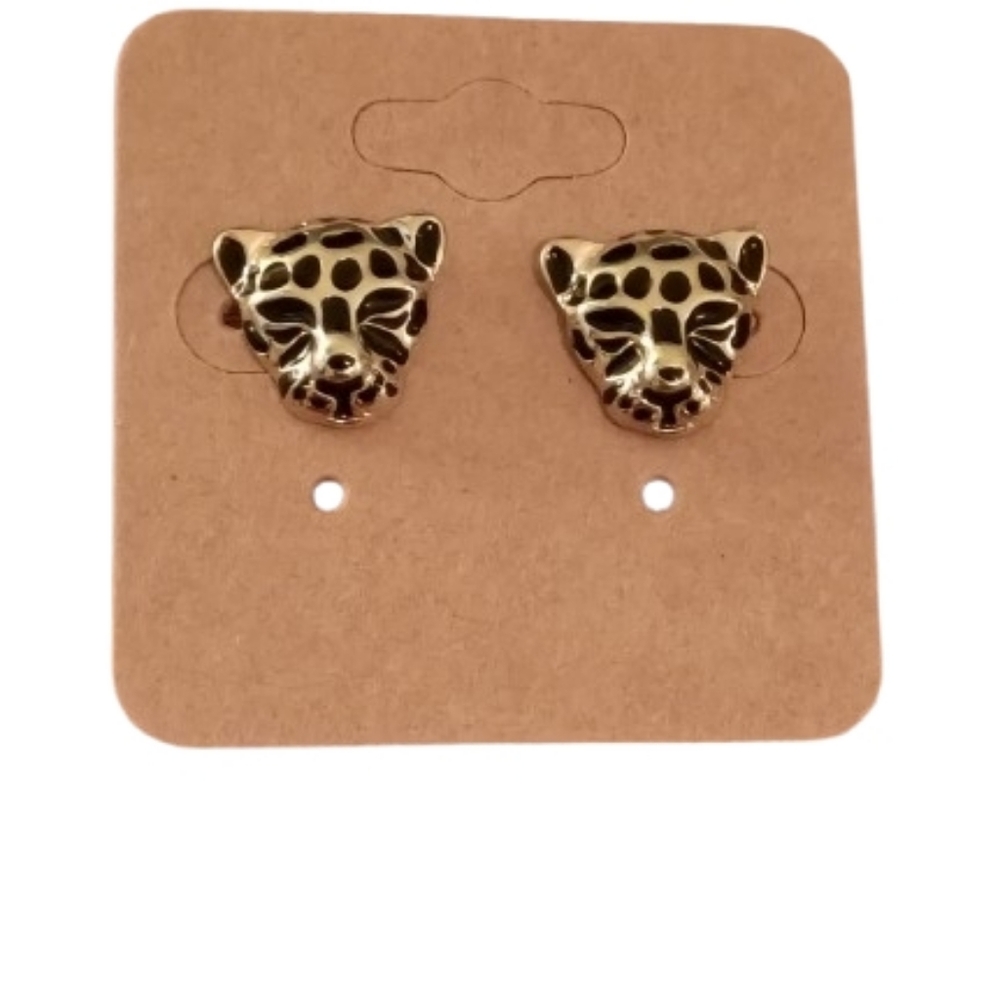 Gold Tone Black Enamel Leopard Cheetah Head Stud Earrings